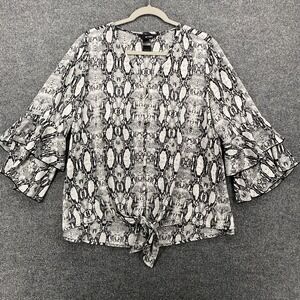 Ali Miles Blouse Top Womens L Snake Print Button Up Ruffle Sleeve Lightweight